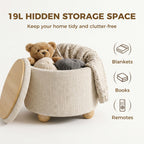 Storage Sitting Bench with Lid, Round Storage Ottoman with Rubberwood Legs, Beige