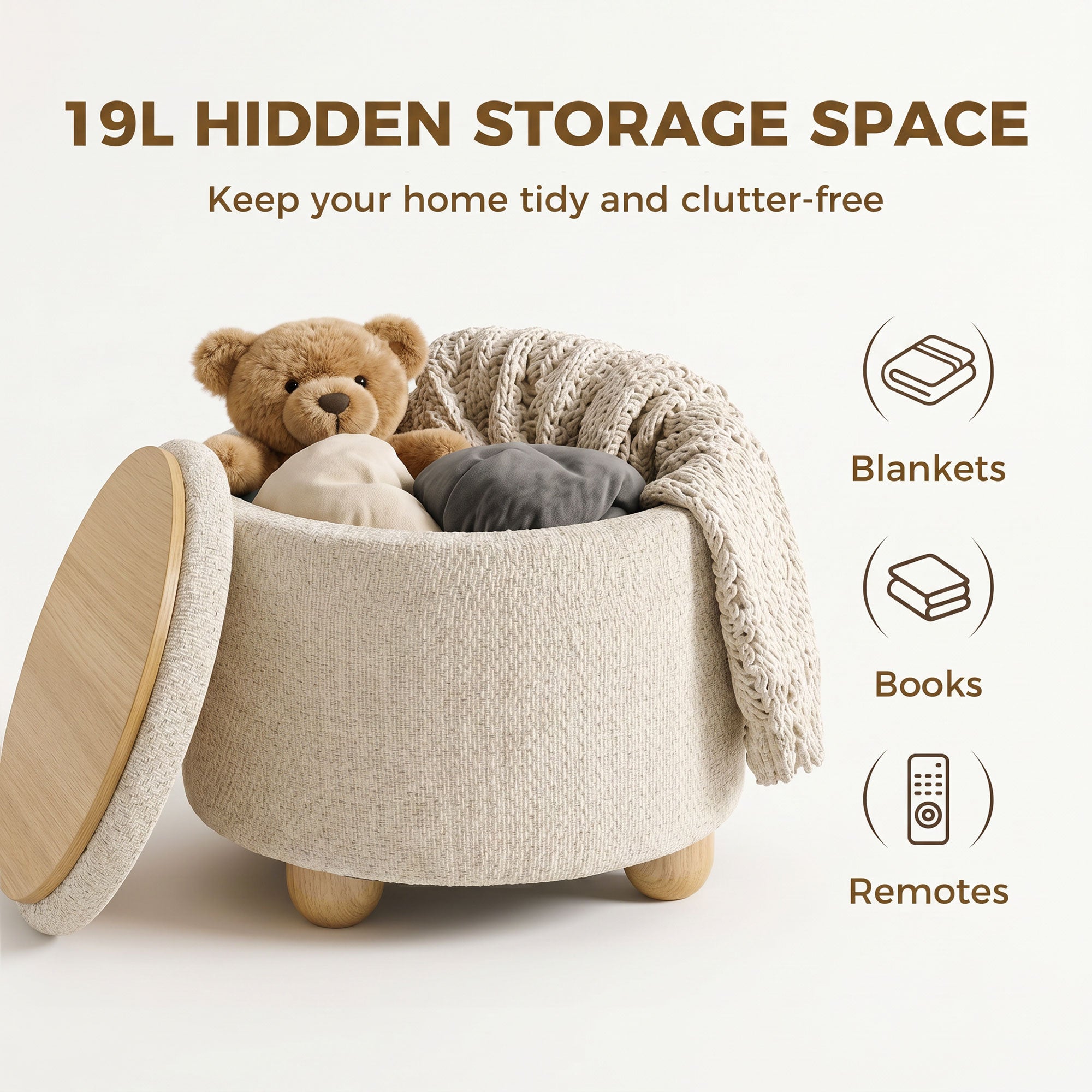 Storage Sitting Bench with Lid, Round Storage Ottoman with Rubberwood Legs, Beige