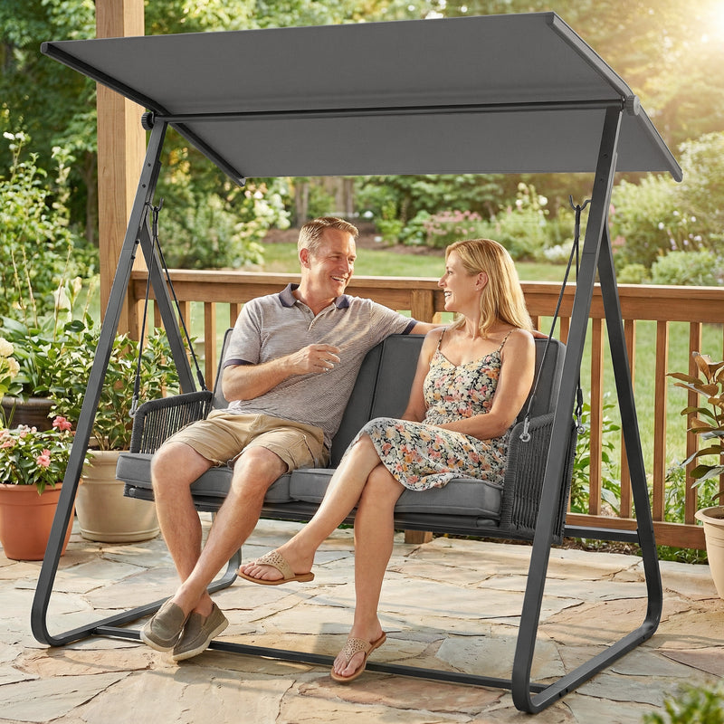 Outsunny 2-Seater Rattan Swing Chair, Outdoor Garden Hanging Swing Seat with Stand, Adjustable Canopy and Soft Cushions – view 10