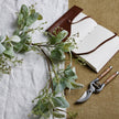 Lamb's ear garland on a table with a notebook and secateurs