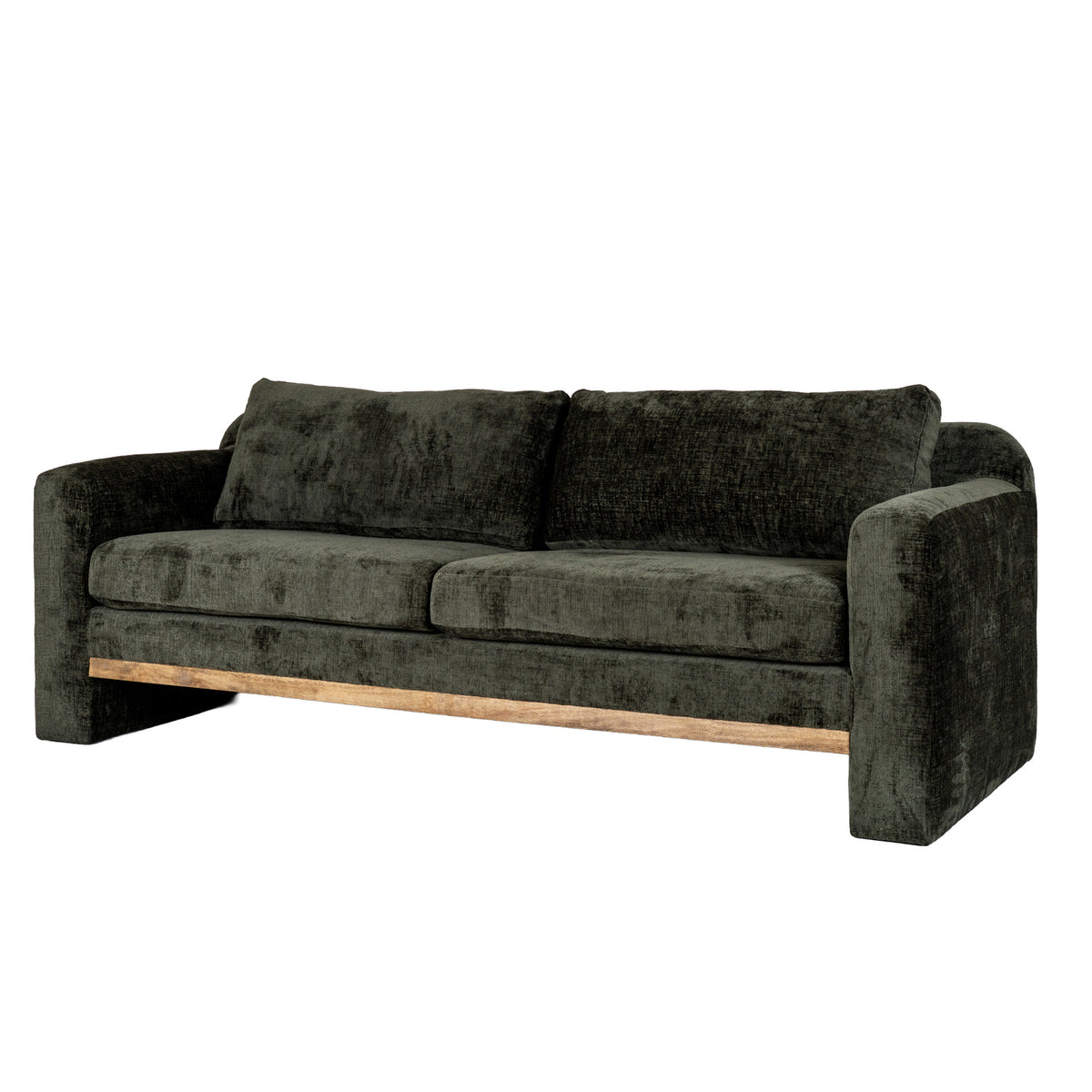 Langley dark green three-seater sofa, three-quarter view