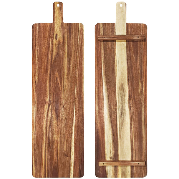 Large acacia serving paddle board shown from the top and underneath