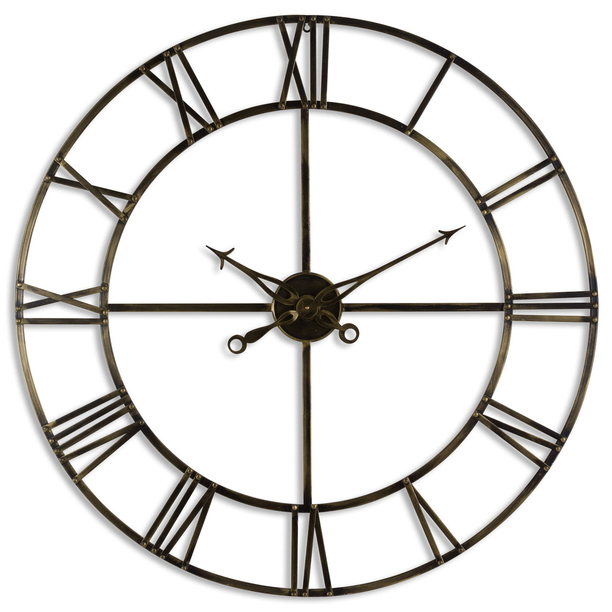 Large antique brass metal skeleton wall clock with Roman numerals