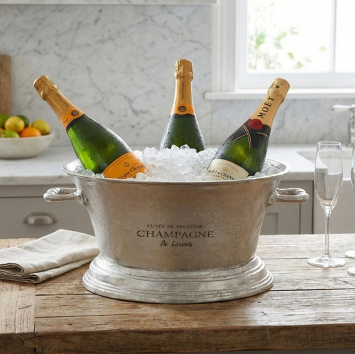 Antique pewter champagne cooler filled with ice and bottles on a kitchen table