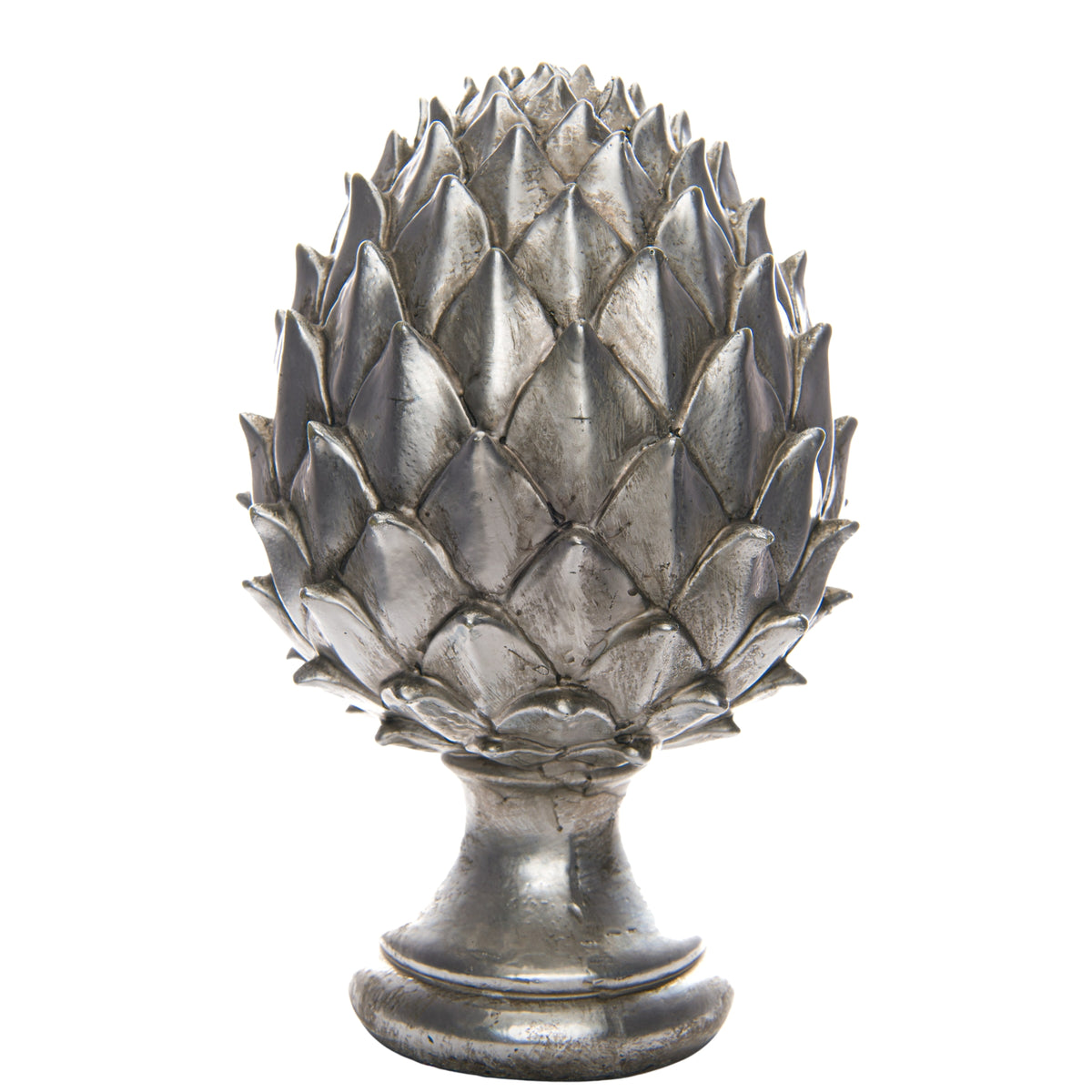 large antique silver ceramic pinecone finial on white