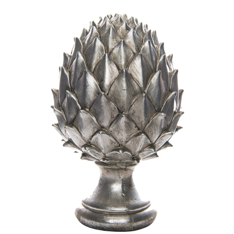 large antique silver ceramic pinecone finial on white