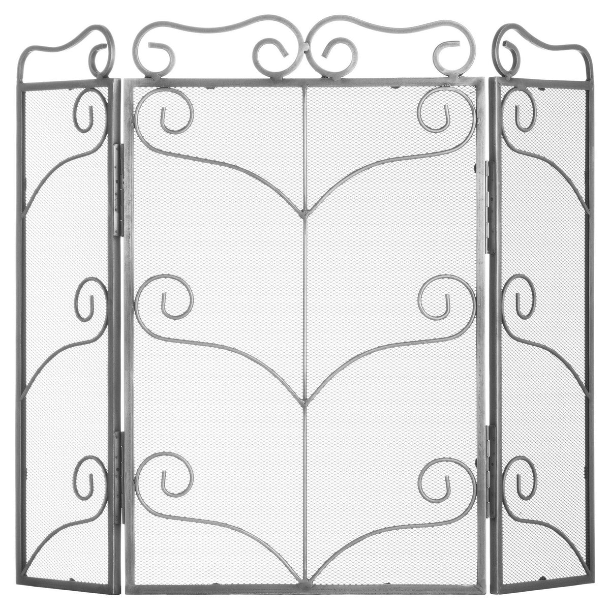 Large antique silver ornate three-panel fire screen, front view
