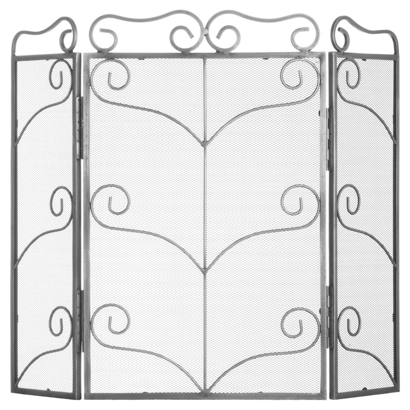 Large antique silver ornate three-panel fire screen, front view