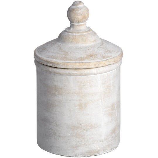 Large antique white stone canister with lid on white