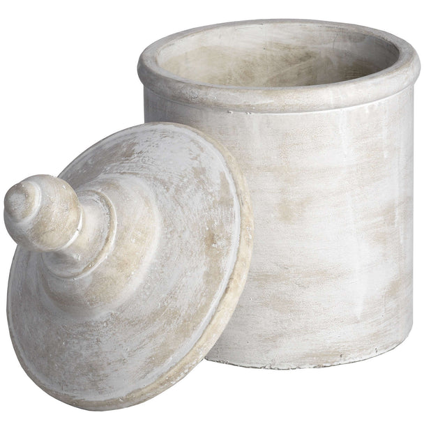 Antique white canister with the lid removed
