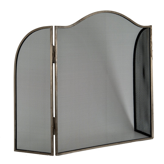 Large antiqued silver fire screen with side panels angled back