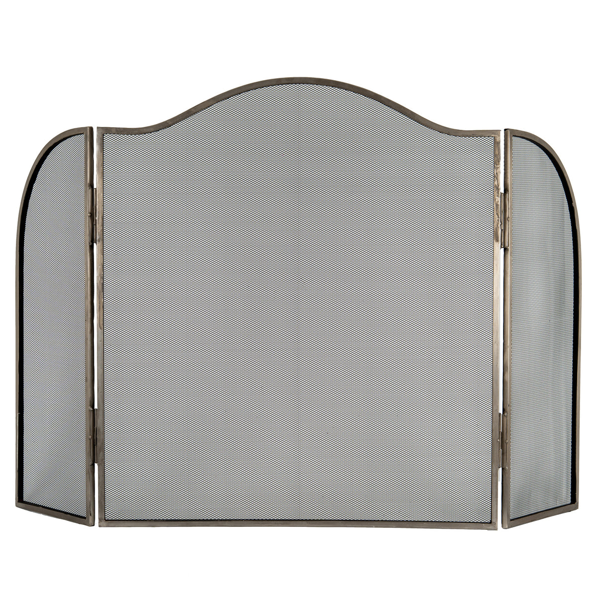 Large antiqued silver three-panel fire screen, front view