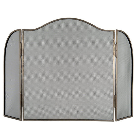 Large antiqued silver three-panel fire screen, front view