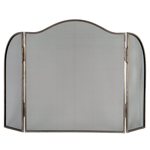 Large antiqued silver three-panel fire screen, front view