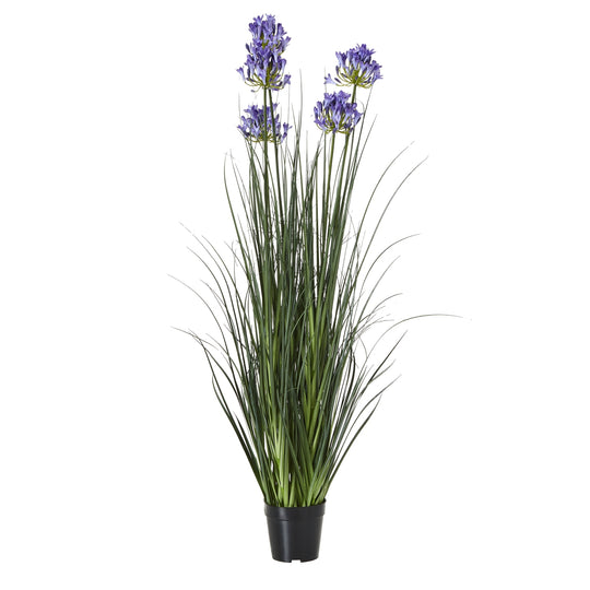 large blue artificial agapanthus in a black pot on white