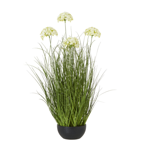 large white artificial allium in a black pot on white