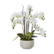 large white artificial orchid in a grey ceramic pot