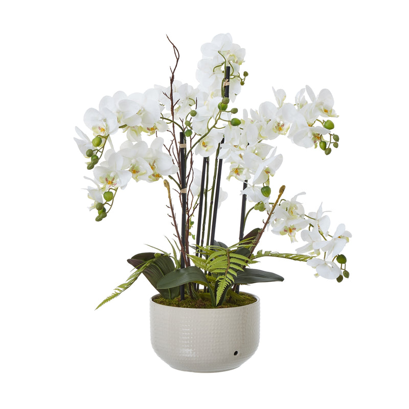large white artificial orchid in a grey ceramic pot
