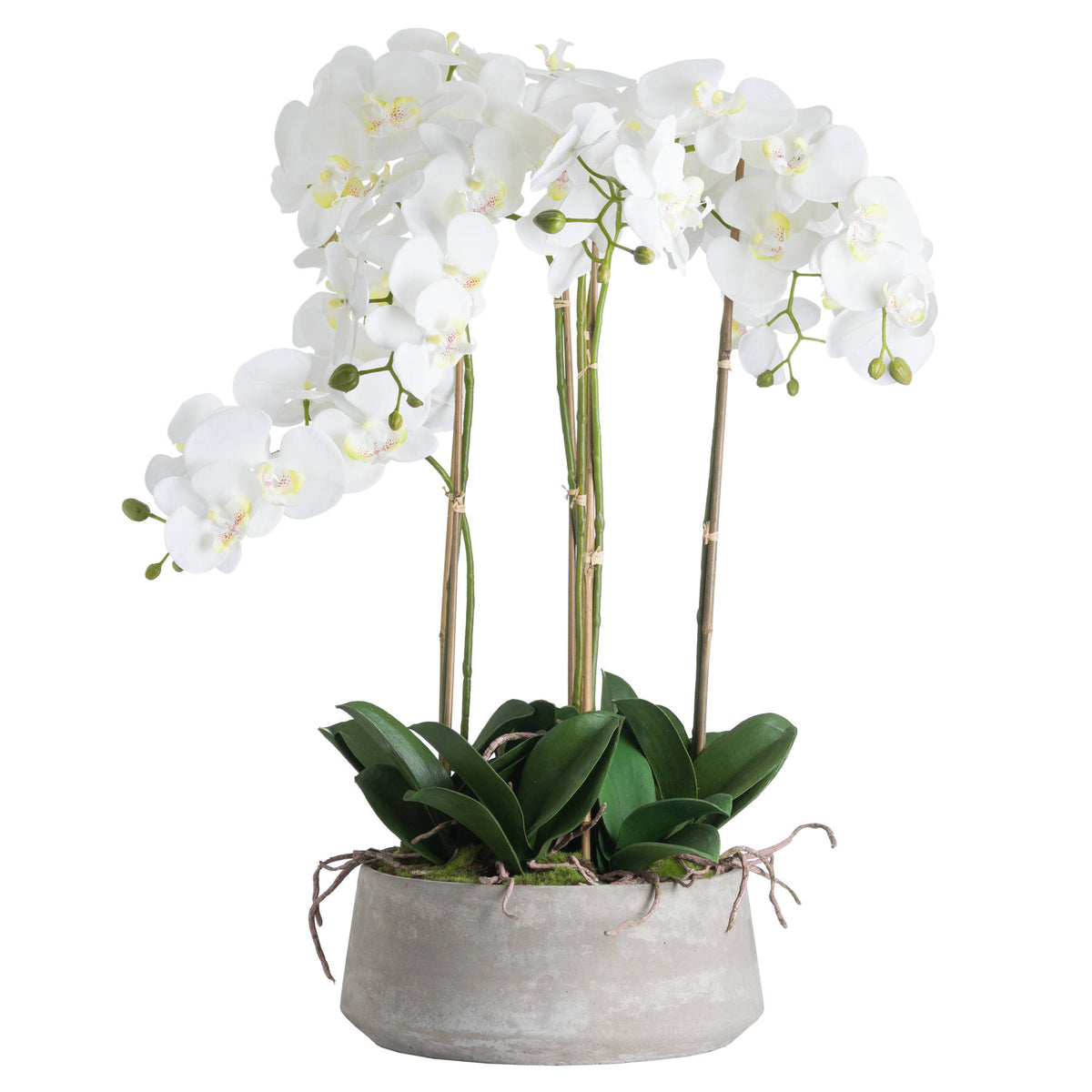 large white artificial orchid in a grey stone-effect pot