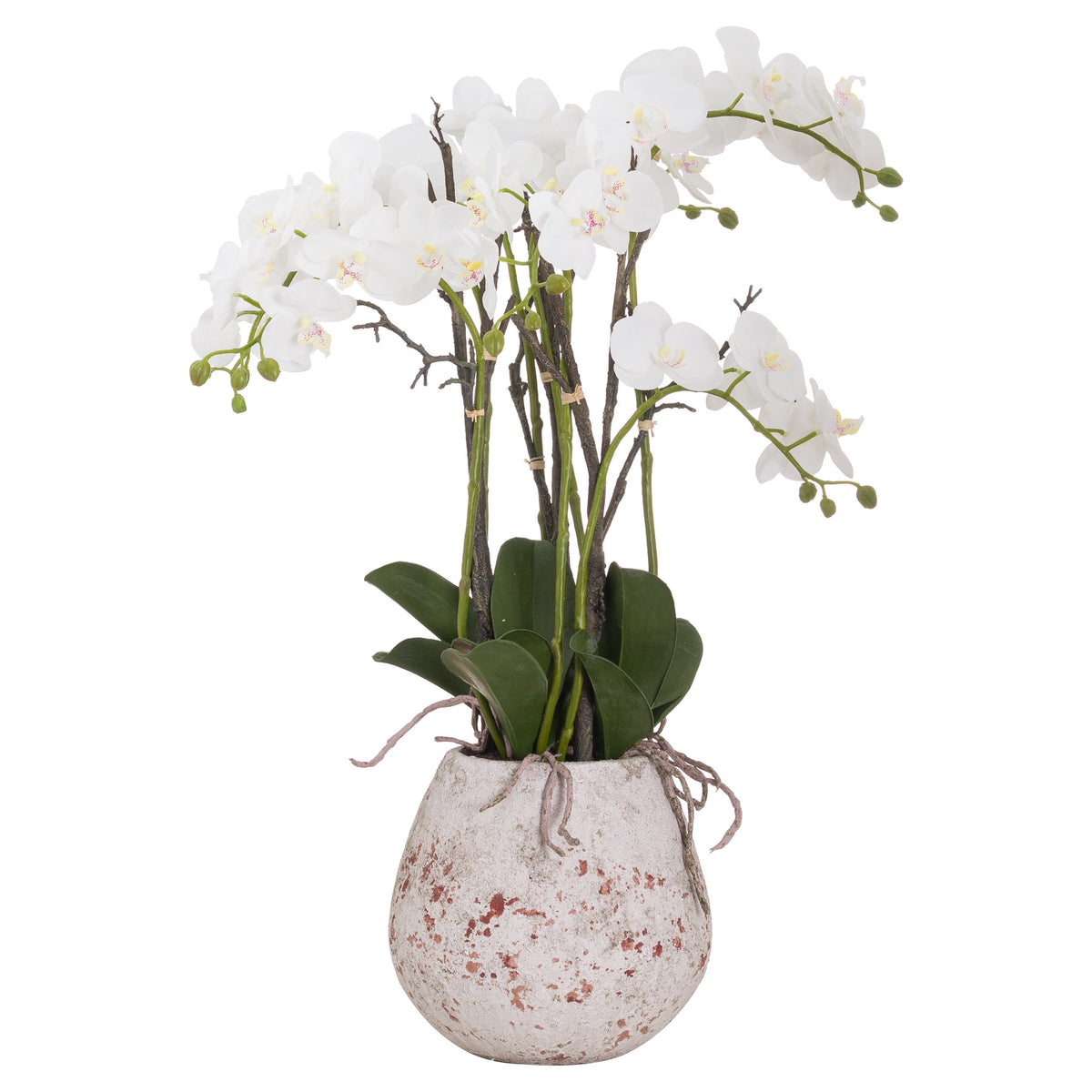 large white artificial orchid in a speckled stone-effect pot