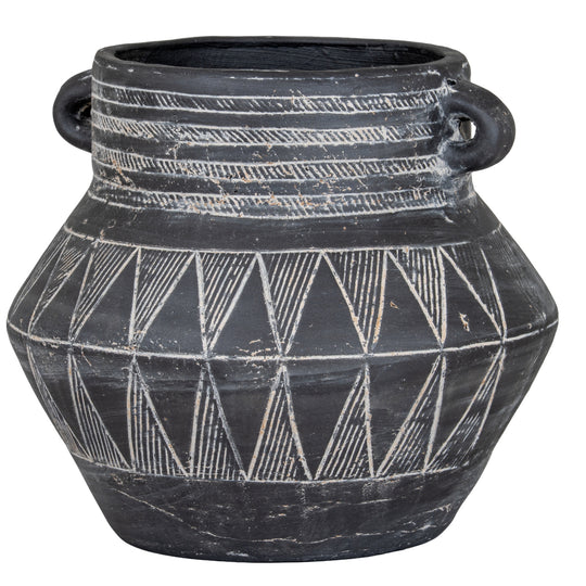 Large black etched ceramic pot with two loop handles