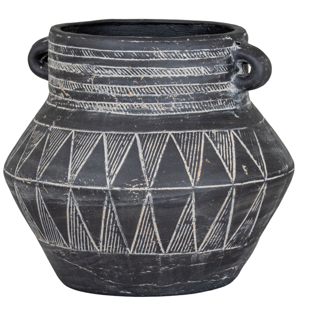 Large black etched ceramic pot with two loop handles