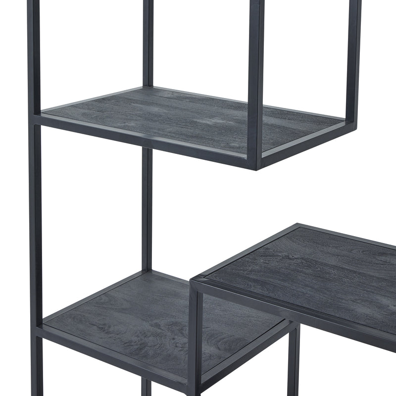 Close-up of the staggered black shelves
