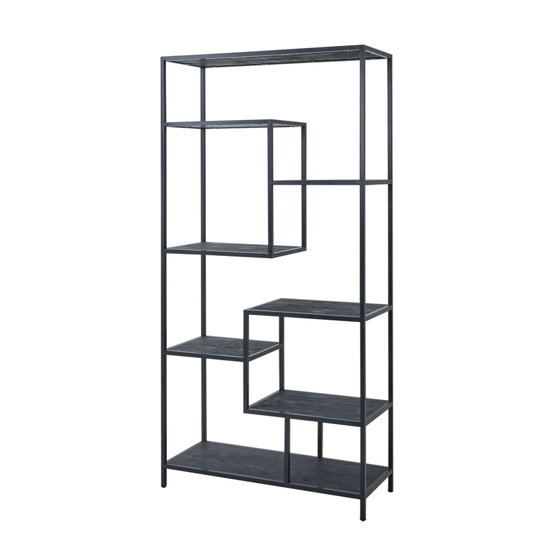 Large black multi shelf unit, front view