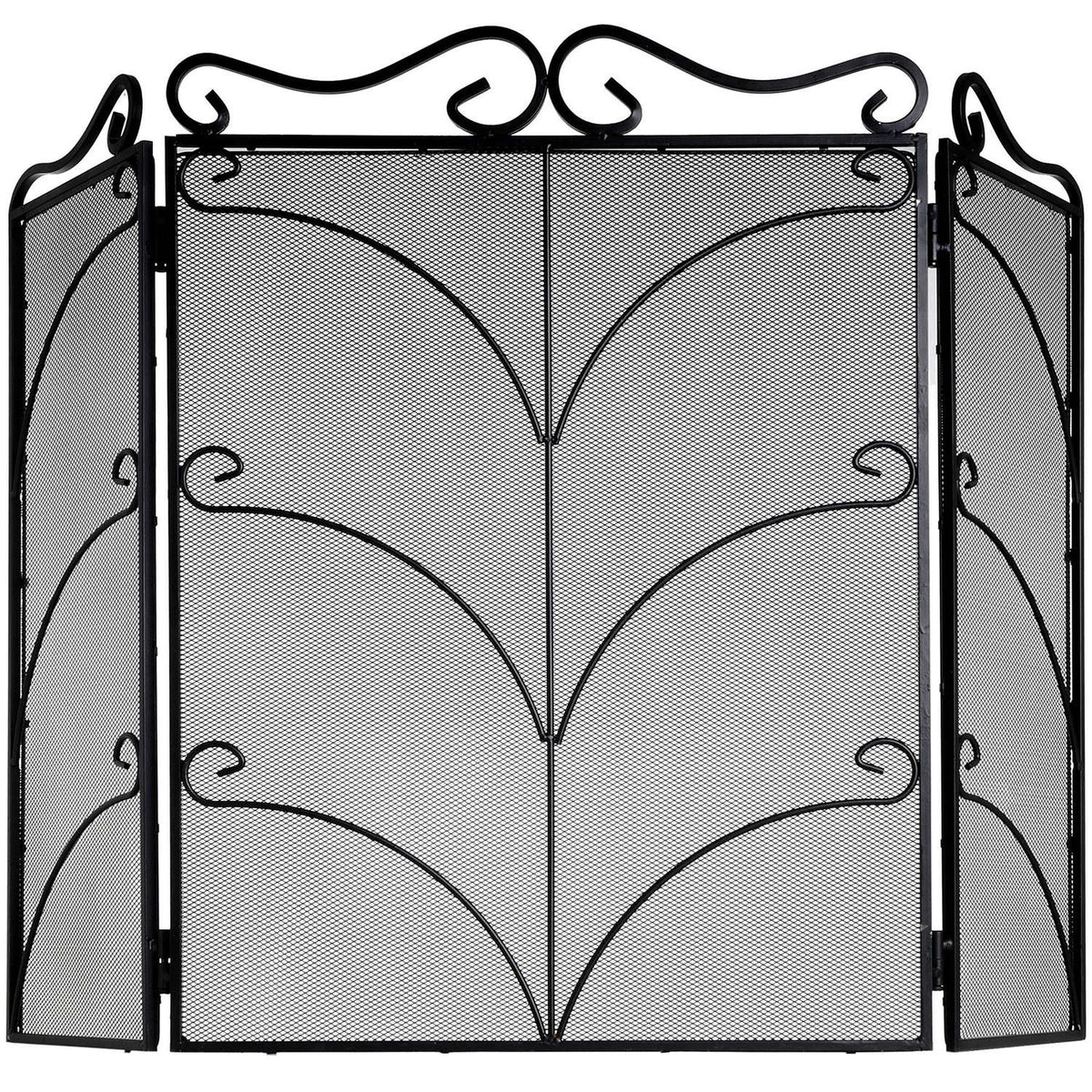Large black ornate three-panel fire screen, front view