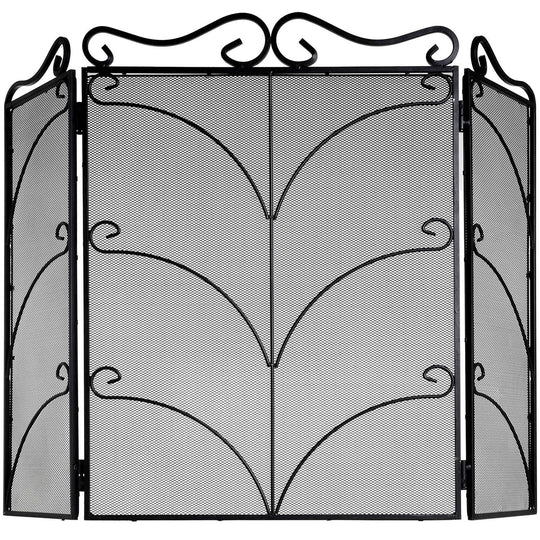 Large black ornate three-panel fire screen, front view
