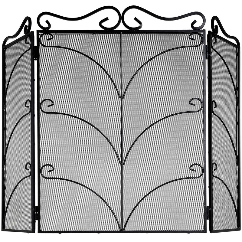 Large black ornate three-panel fire screen, front view