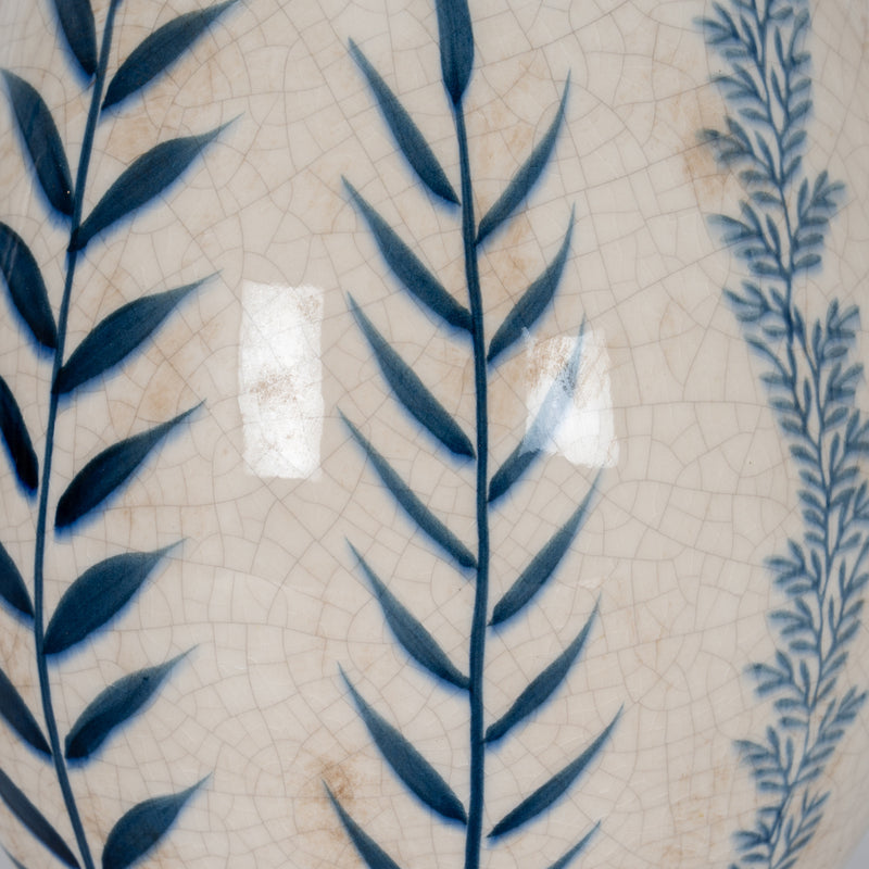 Close-up of the blue leaf pattern and crackle glaze