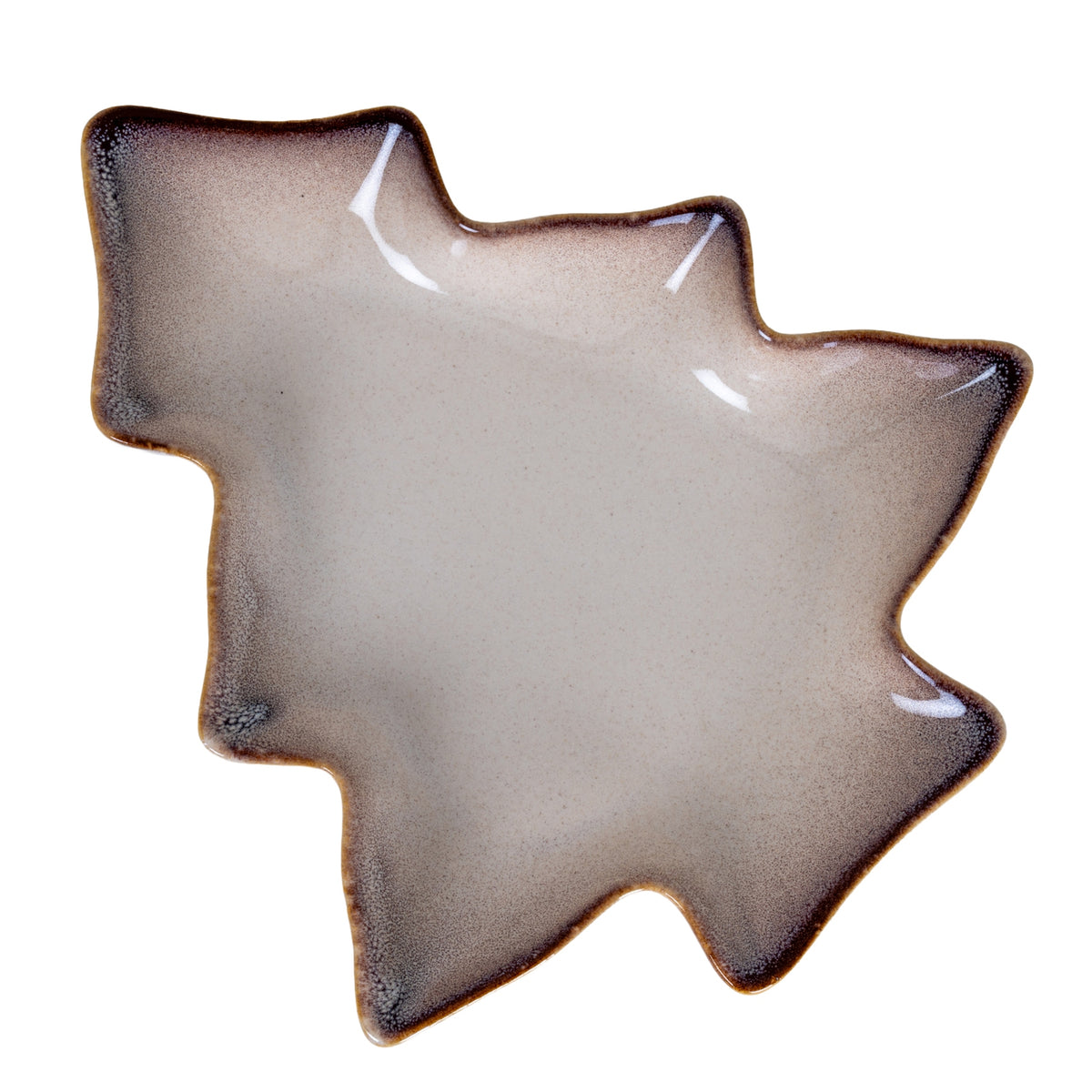 Large ceramic Christmas tree dish in white with brown edge, top view