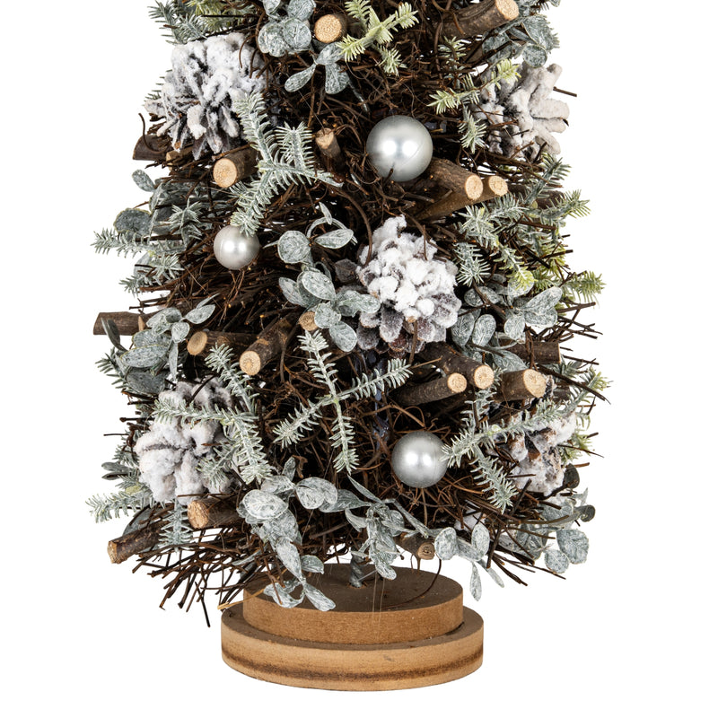 close-up of the frosted sprigs, pinecones and silver baubles