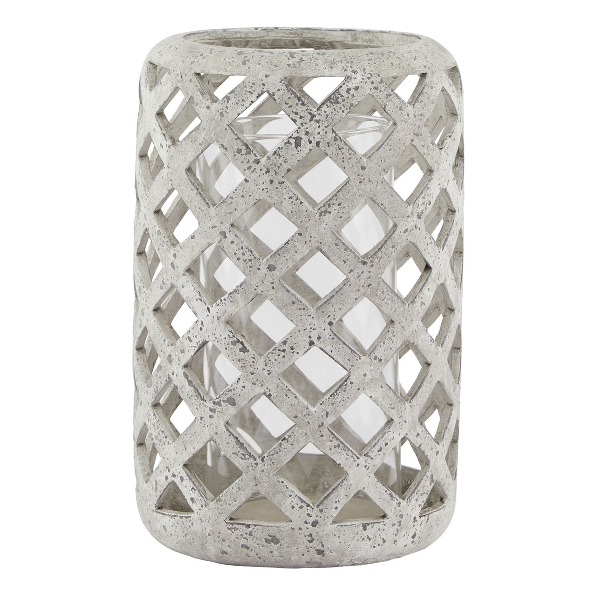 Large grey stone effect lattice hurricane lantern on white