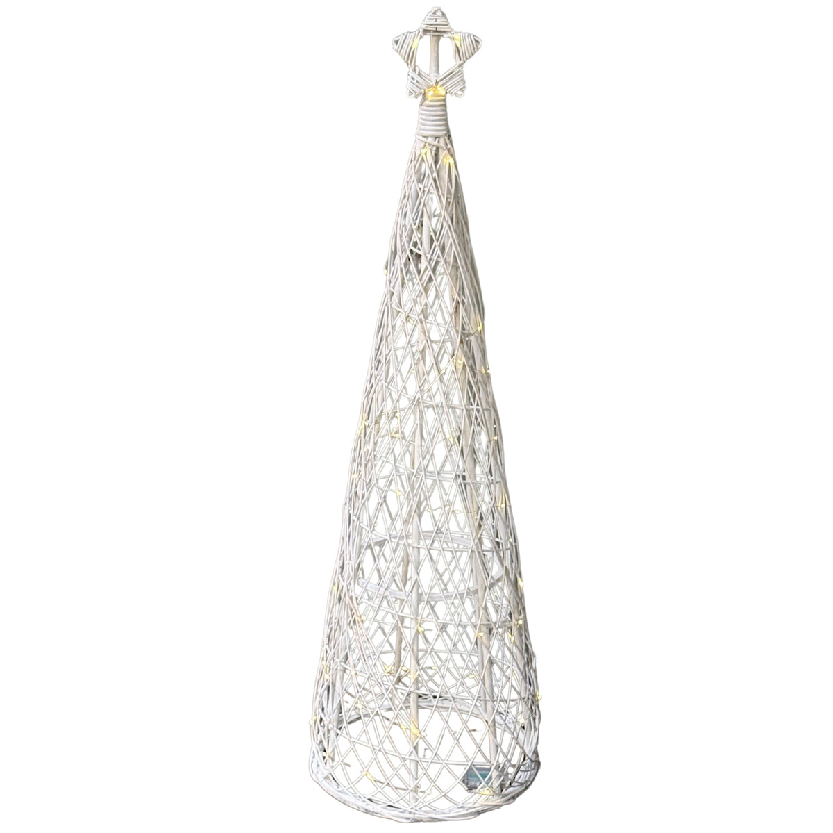 Large LED Wicker Christmas Tree with Star – 130cm, tall wicker Christmas tree with star on a white background
