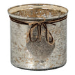 Large mercury glass candle holder with hammered heart and twine bow, front view