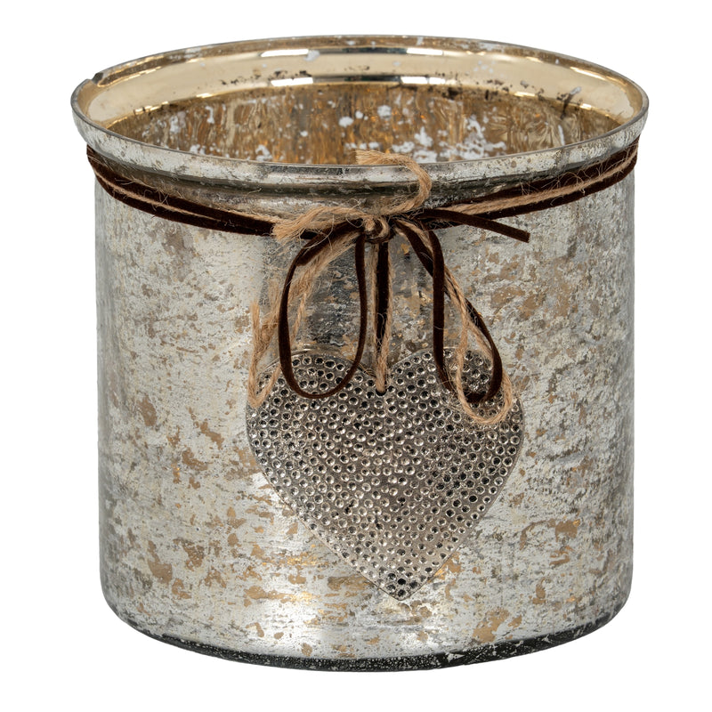 Large mercury glass candle holder with hammered heart and twine bow, front view