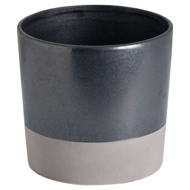 Large metallic grey ceramic planter with stone-coloured base band