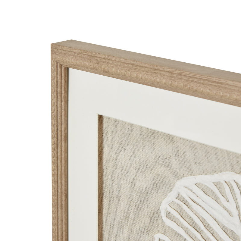 Close-up of the beaded wood-tone frame corner and white border