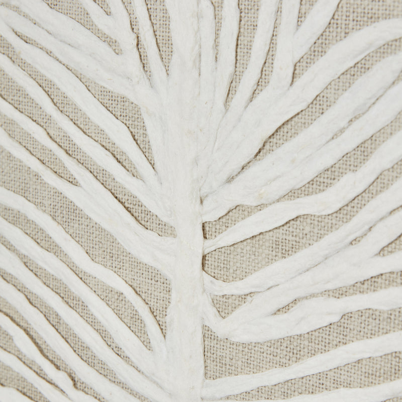 Close-up of the raised white feather texture on beige