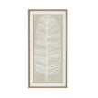 Large plume white feather art in a beaded wood-tone frame, front view