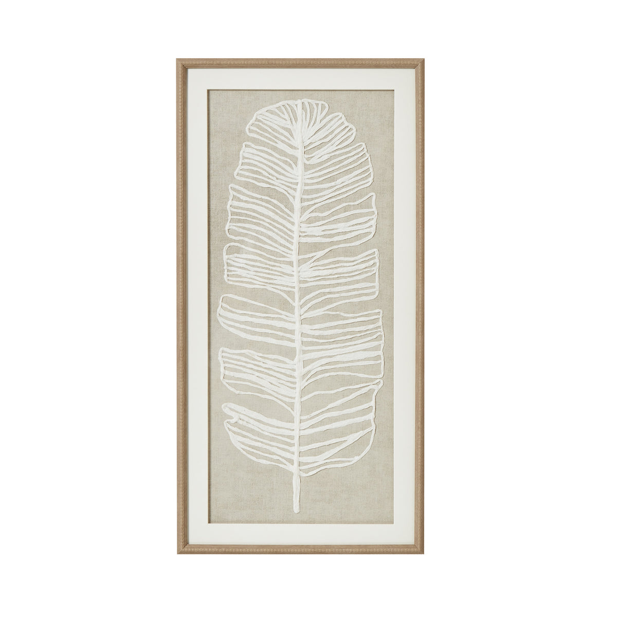Large plume white feather art in a beaded wood-tone frame, front view
