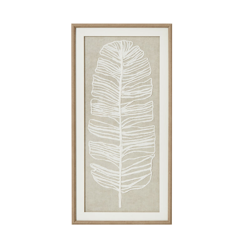 Large plume white feather art in a beaded wood-tone frame, front view