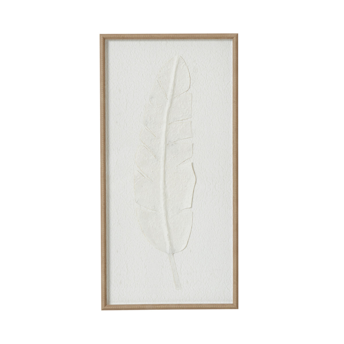 Large quill white feather art in a beaded wood-tone frame, front view