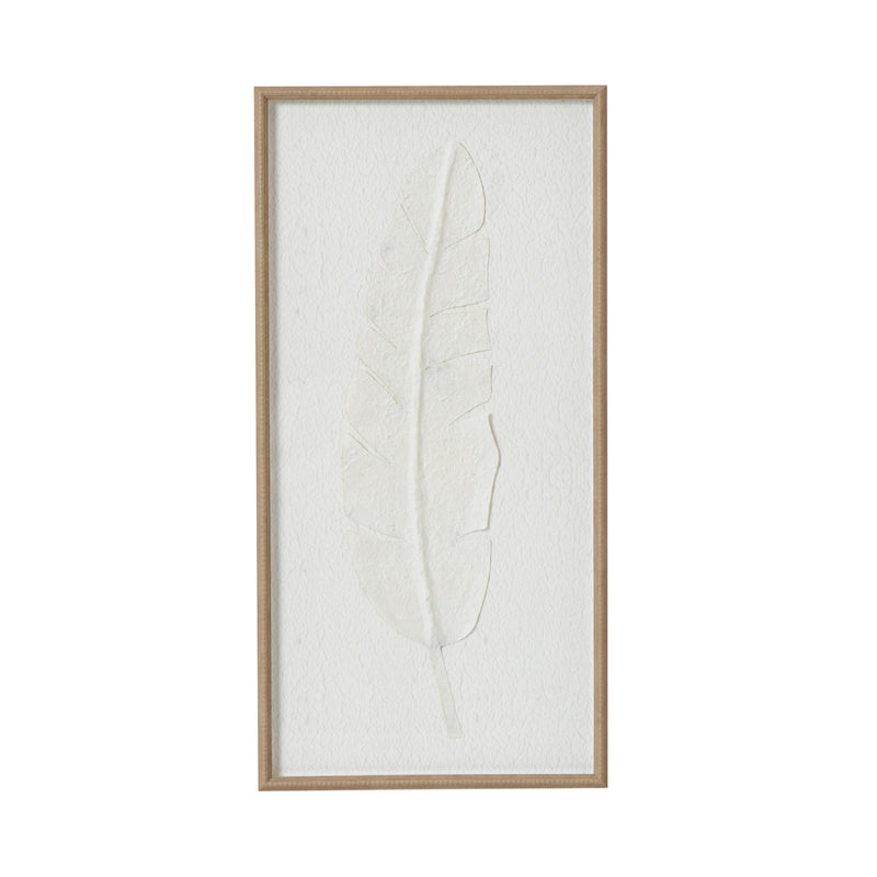 Large quill white feather art in a beaded wood-tone frame, front view