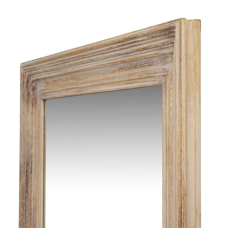 Washed wood mirror shown from an angle