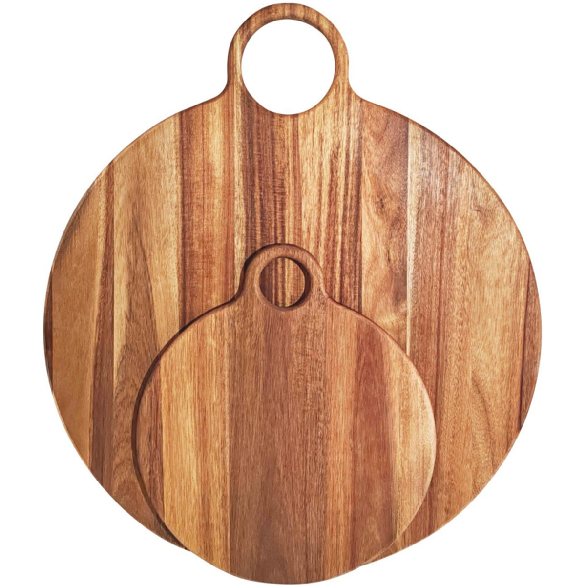 Large round acacia serving board with handle, shown with a smaller board not included