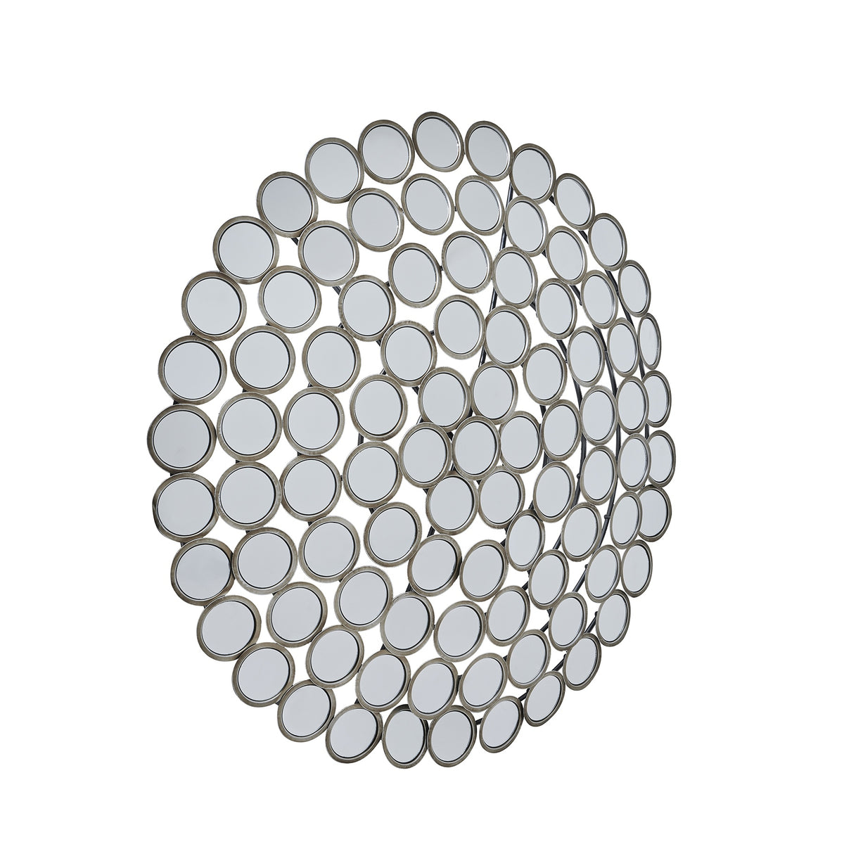 Round antiqued silver multi mirror, front view