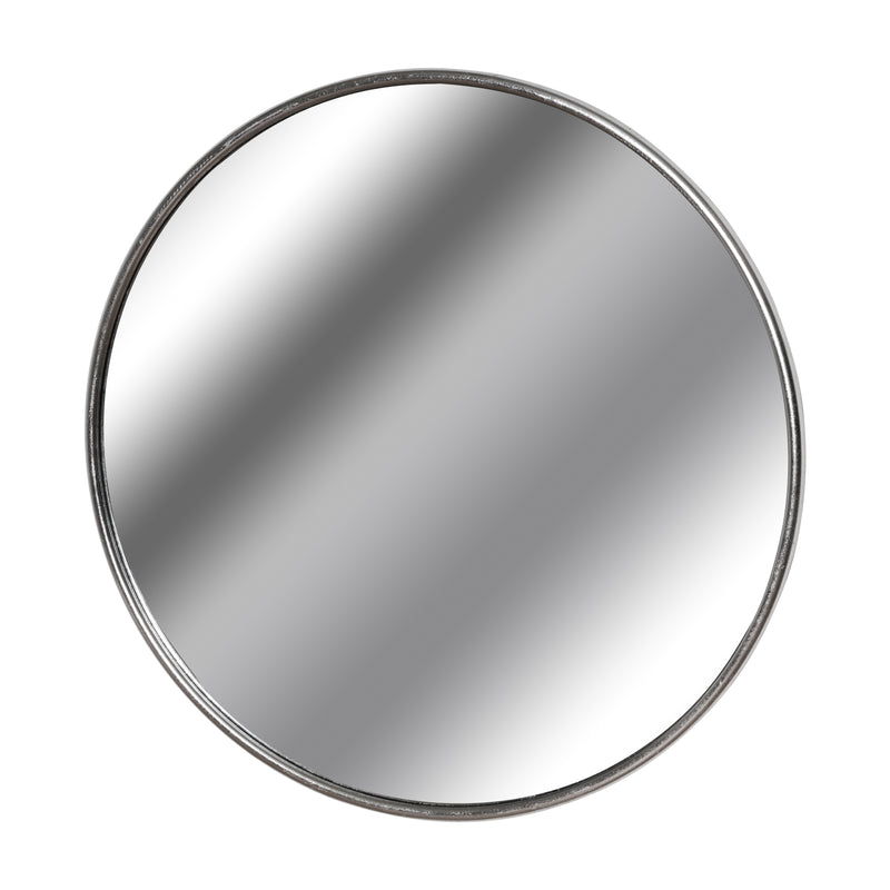 Large round silver metal wall mirror, front view